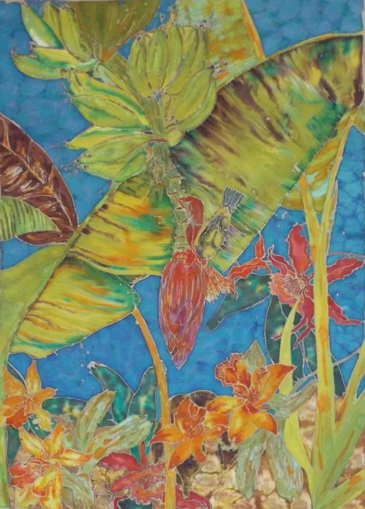 Silkpainting, Banana Crazy by #StefaniaSilkArts, œuvre de Stefanie Wilhelm