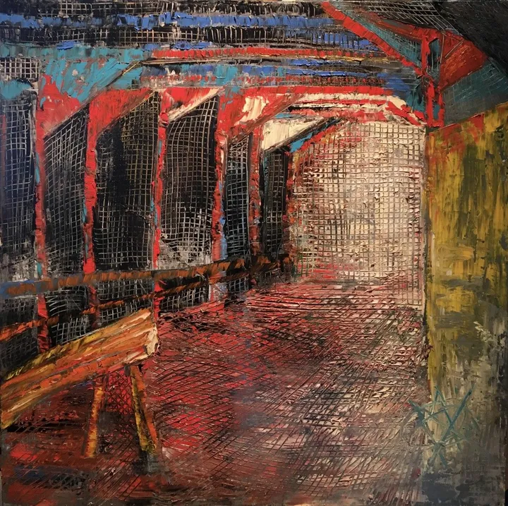 Under construction - oil abstract urban design painting, œuvre de Mariam Qureshi