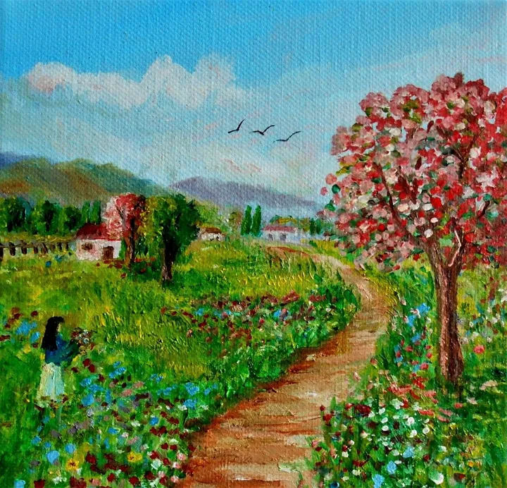 Picking  Spring flowers, artwork by Konstantinos Charalampopoulos