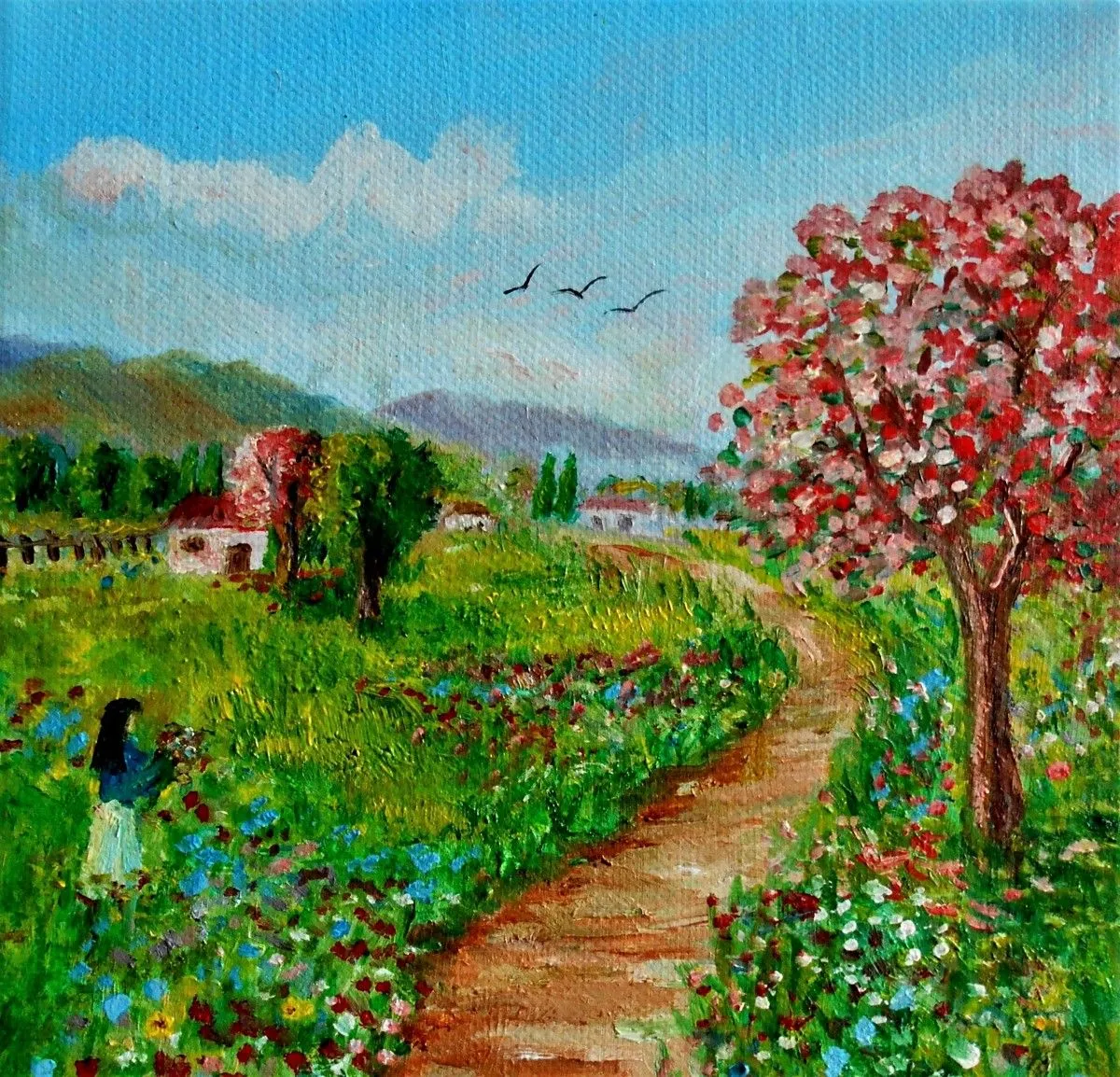 Picking  Spring flowers, artwork by Konstantinos Charalampopoulos