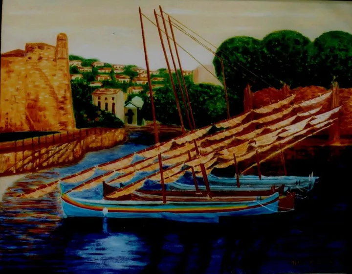 Barques catalanes dans le port de Collioure South of France au crépuscule, artwork by marie momelat