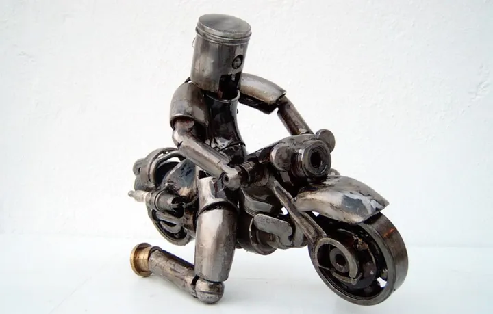 Motorcycle rider scrap metal sculpture, artwork by Dendrinos gIANNIS