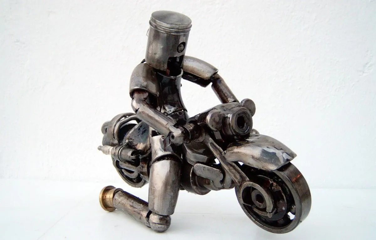 Motorcycle rider scrap metal sculpture, artwork by Dendrinos gIANNIS