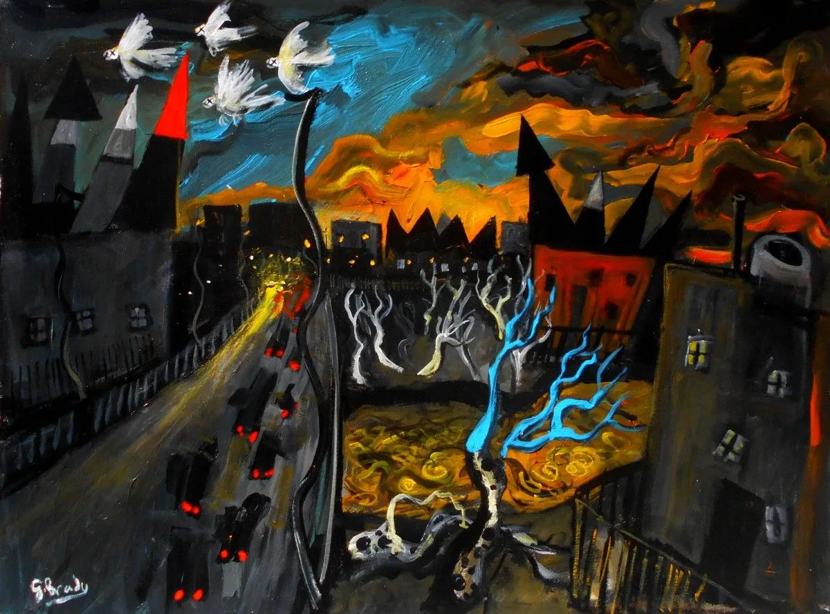 cockatoos ,freeway and factories, artwork by glenn brady