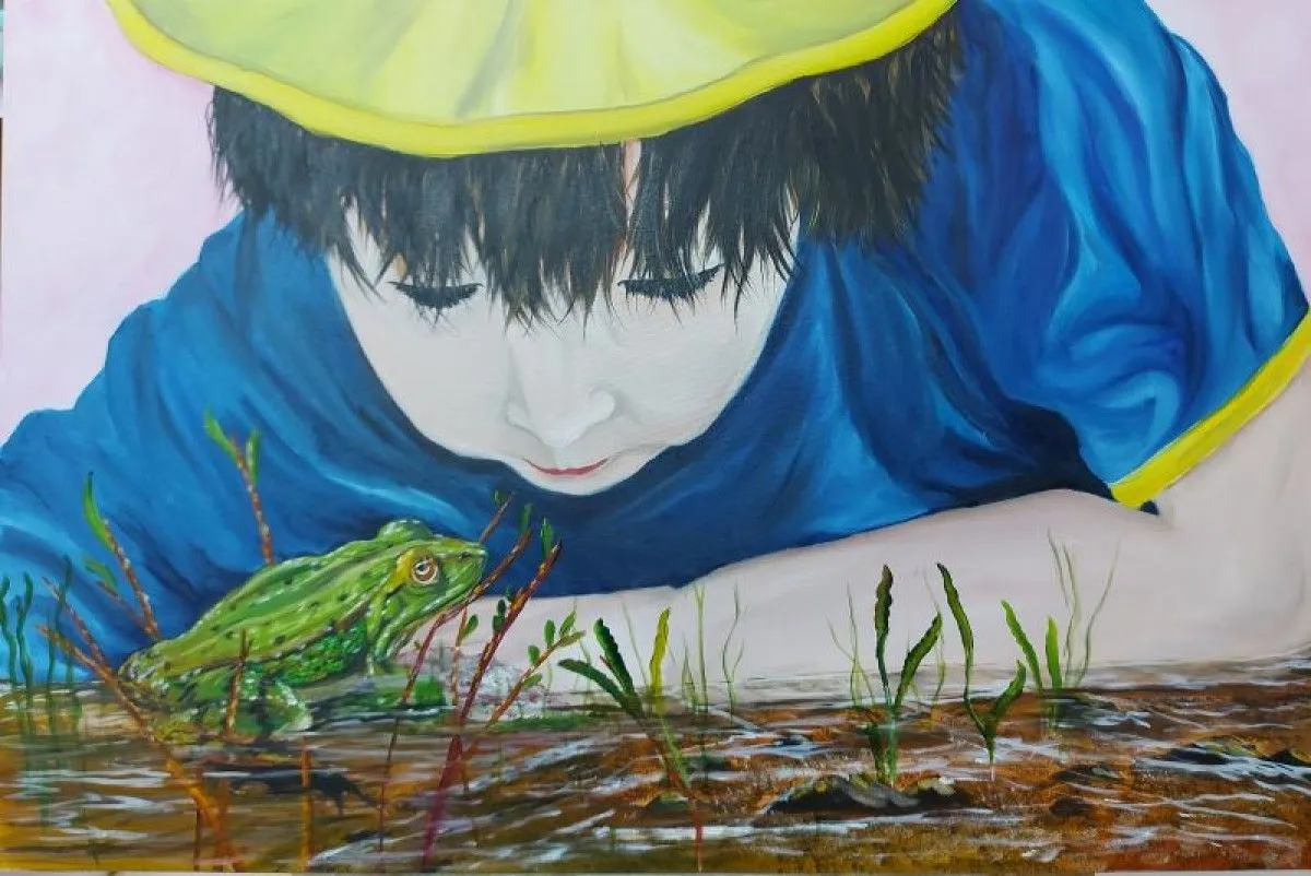 L'enfant et la grenouille, œuvre de Annie RAX Houle