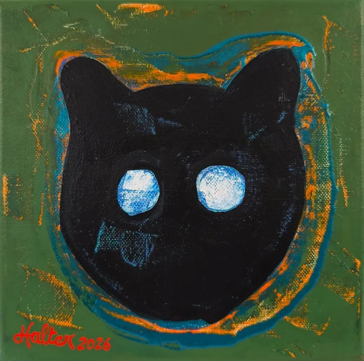 Tête de chat noir aux yeux de verre, œuvre de Alain HALTER