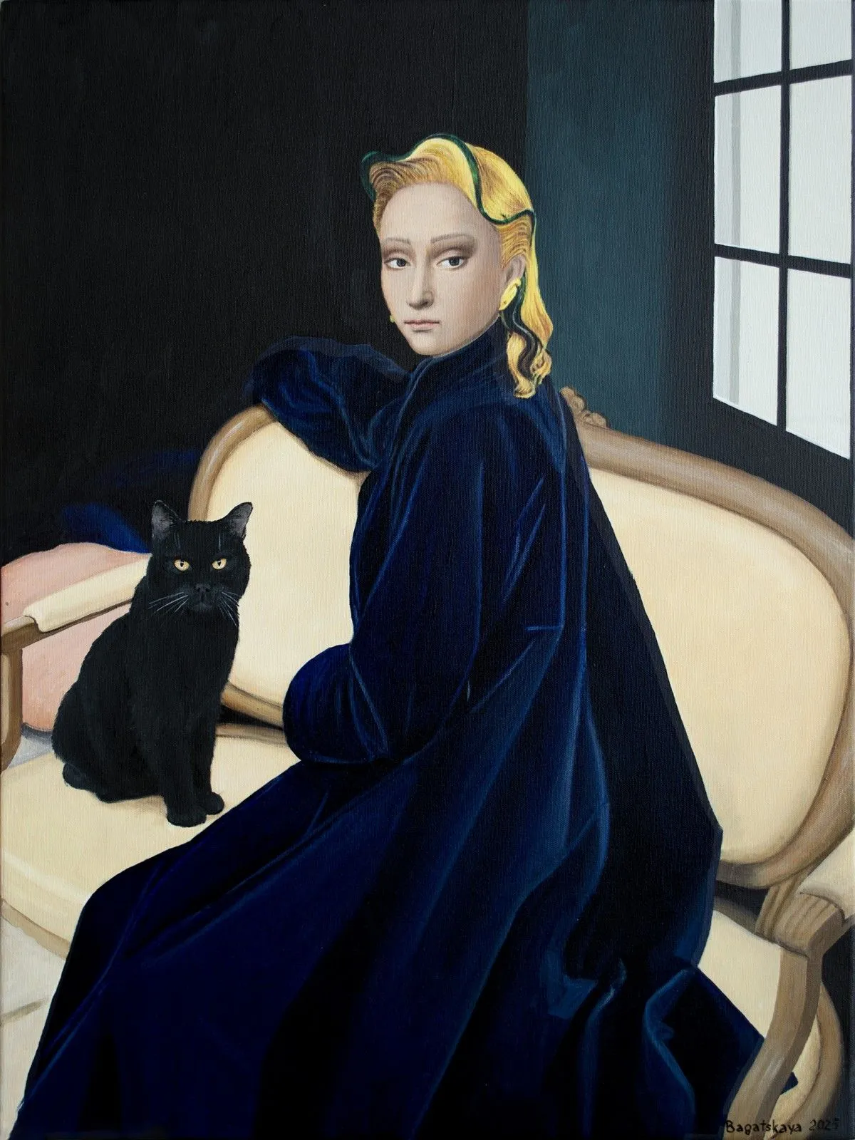 Black Cat on a Yellow Sofa, œuvre de Nataliya Bagatskaya