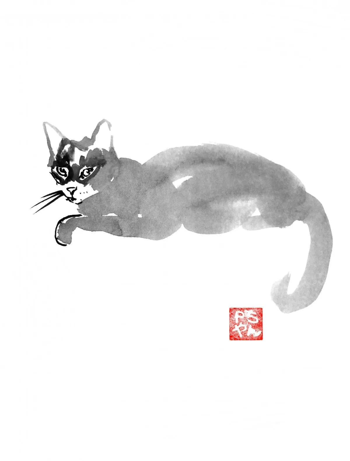 puki laying, artwork by pechane sumi-e