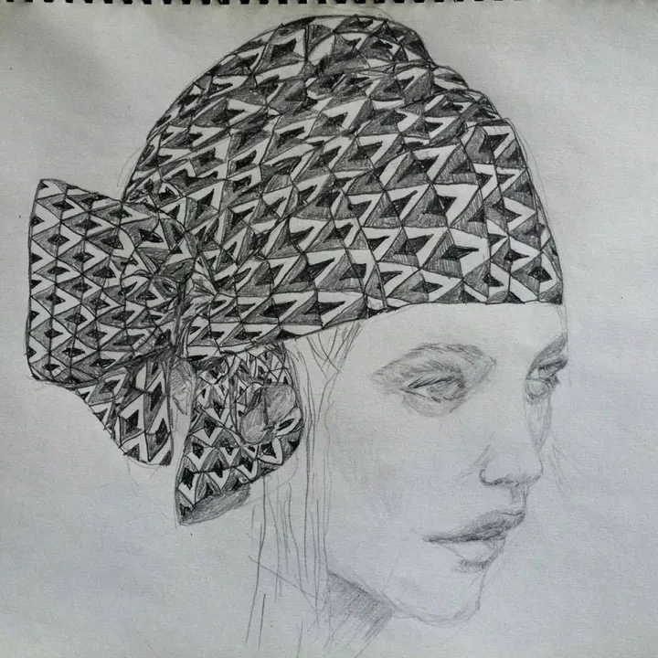 Girl in checkered scarf, artwork by Cathy Cowan
