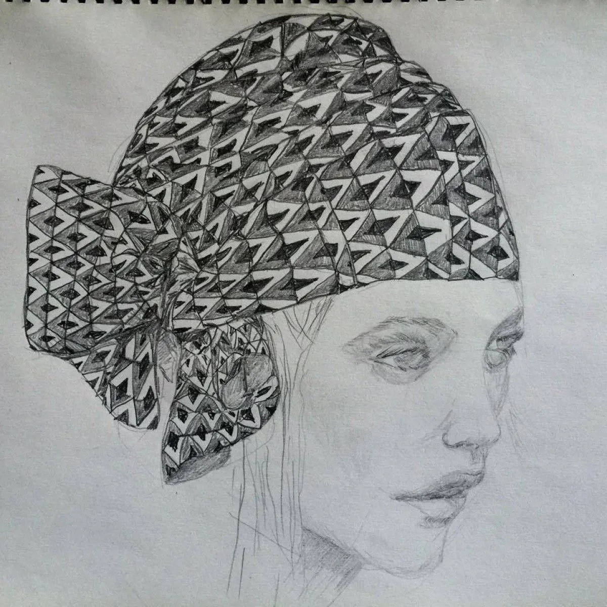 Girl in checkered scarf, artwork by Cathy Cowan