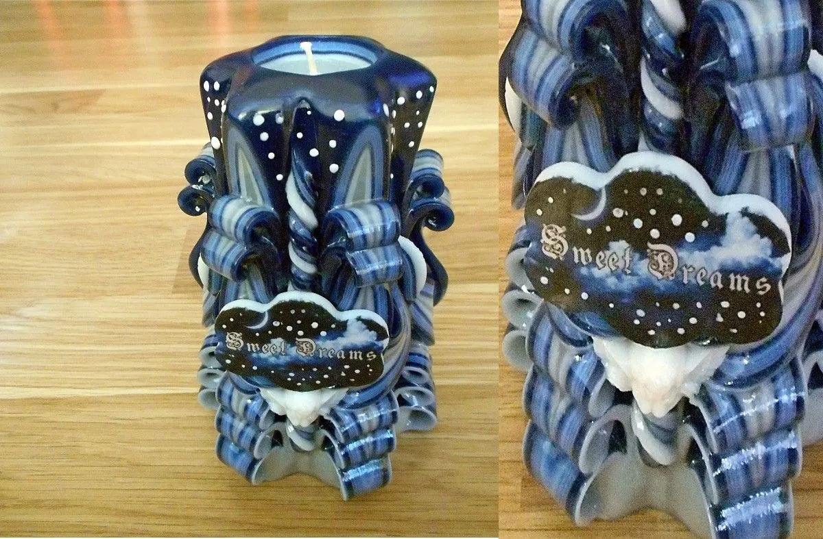 Sweet dreams carved candle, artwork by Maris Kalksteins