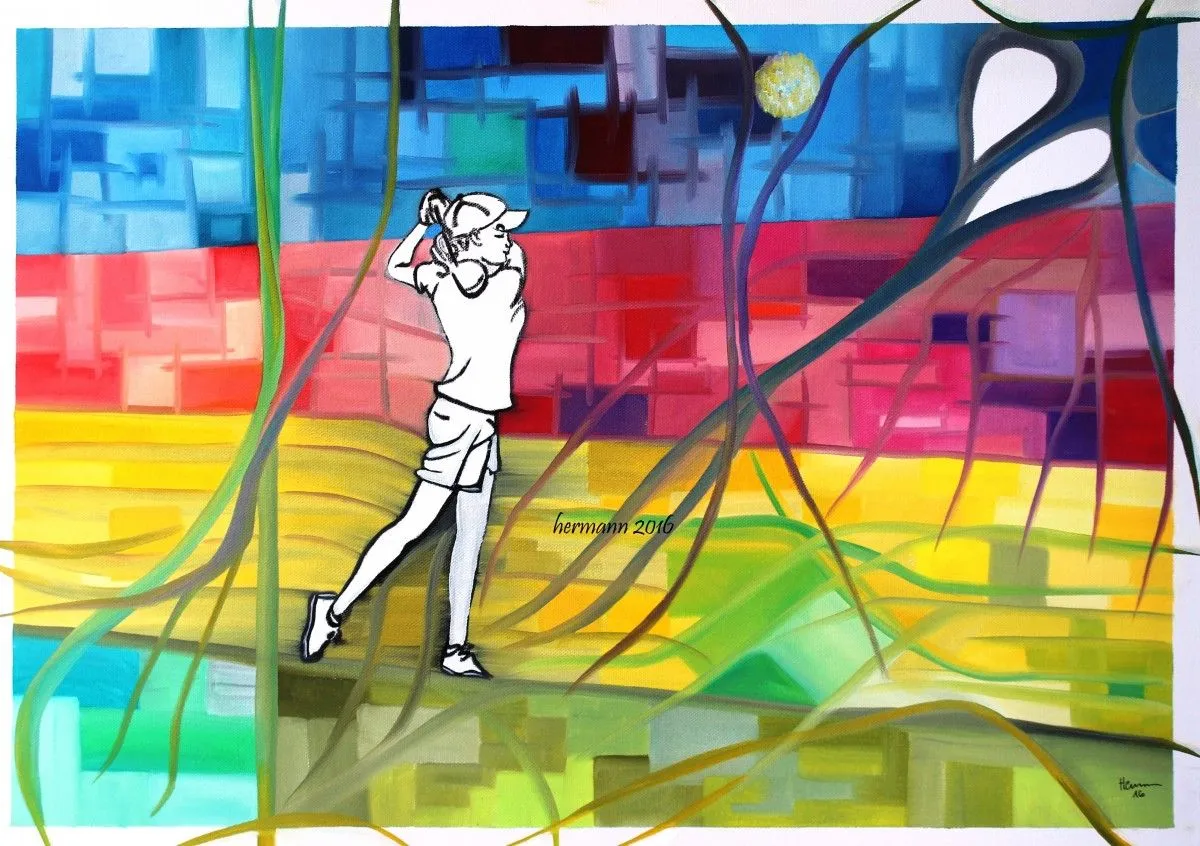 oil "Golferin in der Gross Stadt", œuvre de Hansjörg Hermann