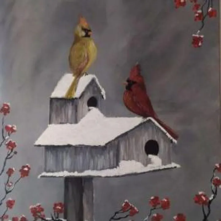 Couple d'oiseaux amoureux en hiver, œuvre de S sopkowiz