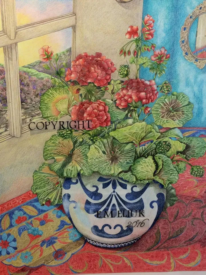 Potted geraniums, œuvre de Elizabeth Eliuk