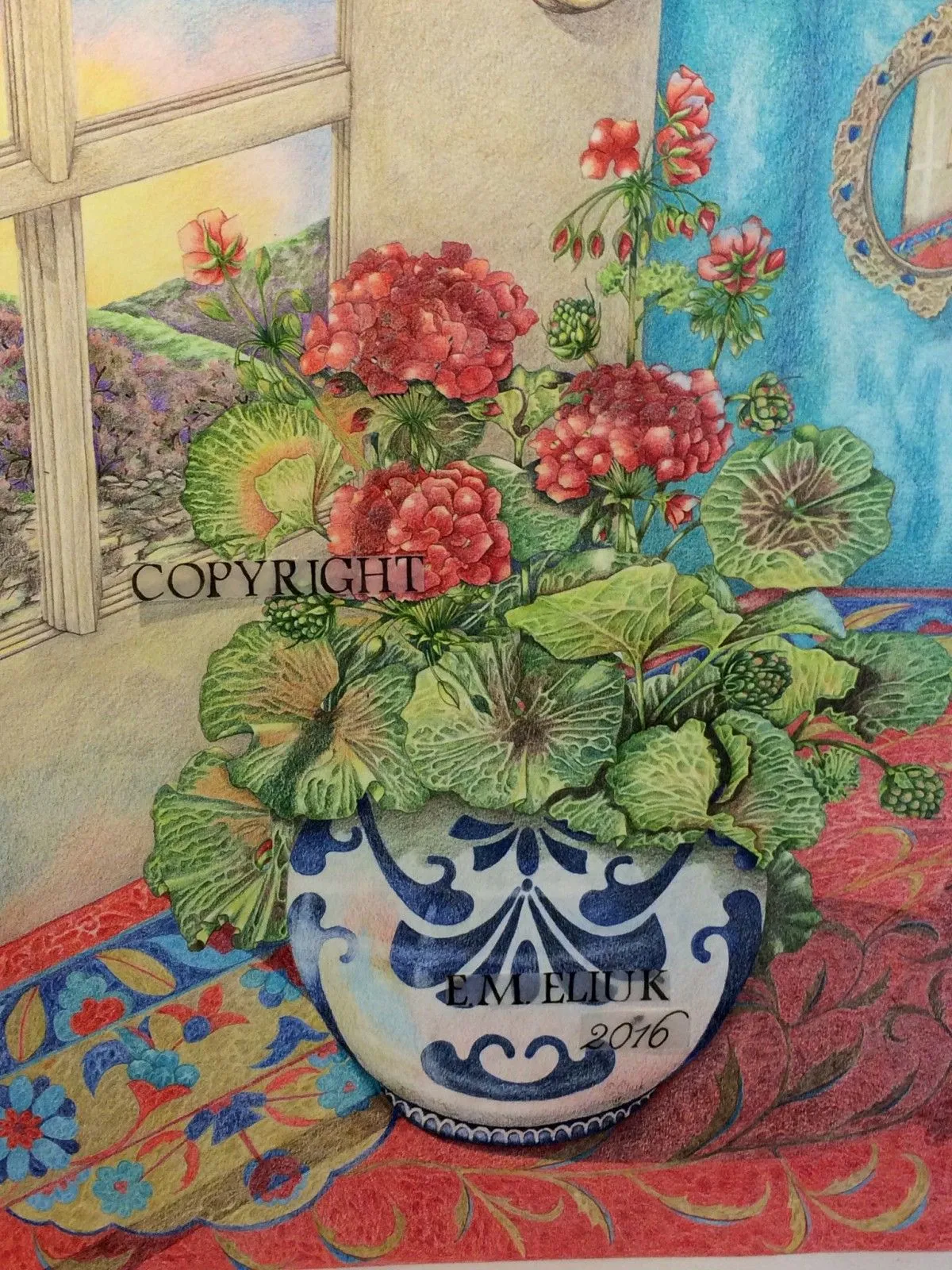Potted geraniums, artwork by Elizabeth Eliuk