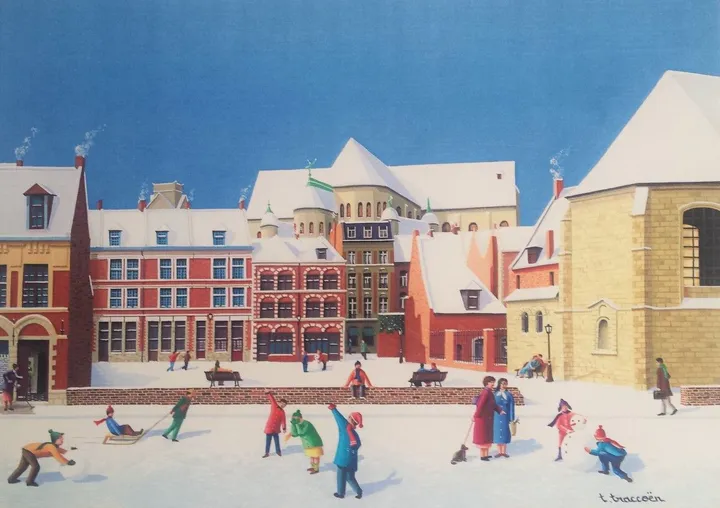 Lille, l'îlot comtesse sous la neige ( postal card ), artwork by Thierry Traccoën