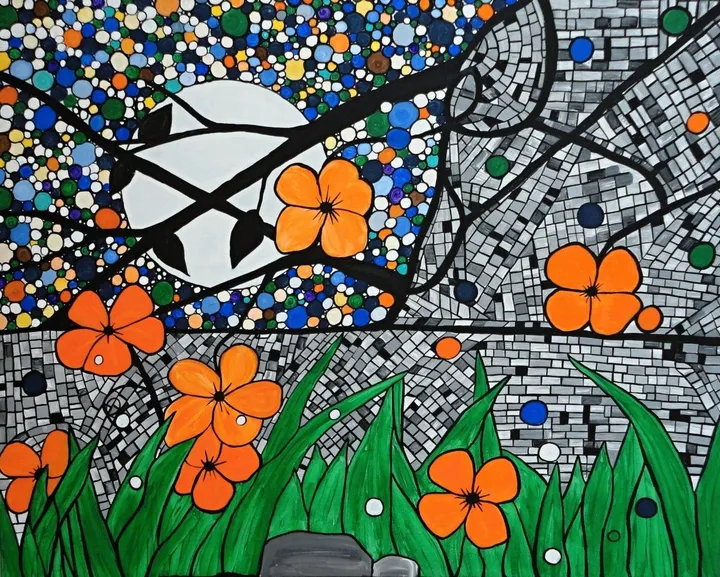 As the moon peeked over the garden wall, œuvre de Rachel Olynuk