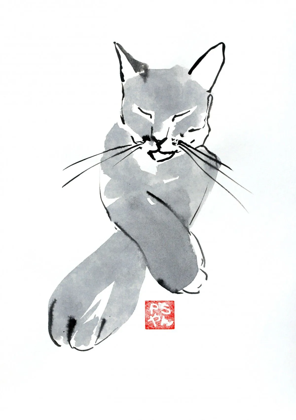 crossed legs cat, artwork by pechane sumi-e