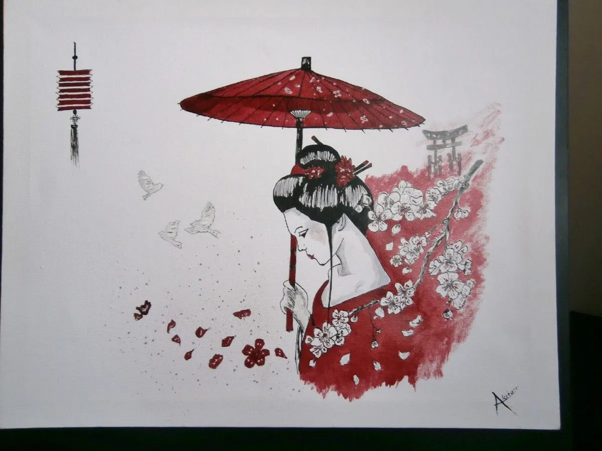 Geisha "ombrelle rouge", artwork by Evelyne Cauchebrais