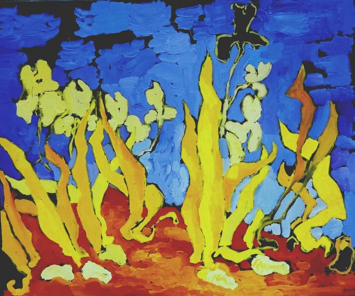 garden corner with yellow irises, œuvre de Dragos Botezat
