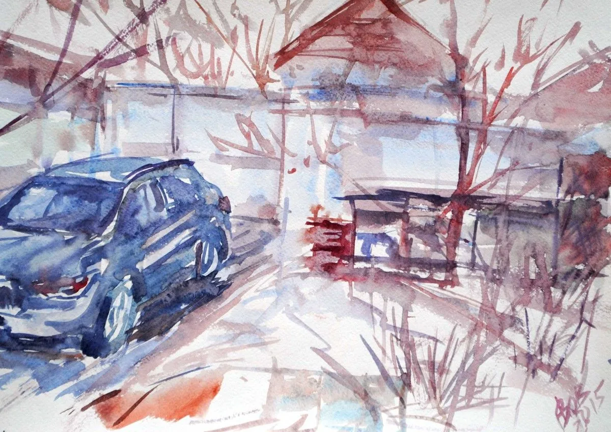 Car in the yard, artwork by Akpan Usoroh