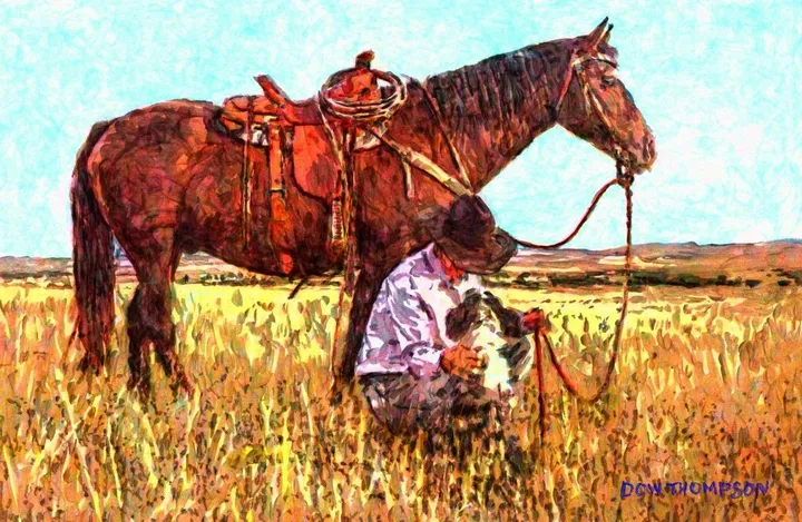 cowboy with dog, artwork by Dow Thompson
