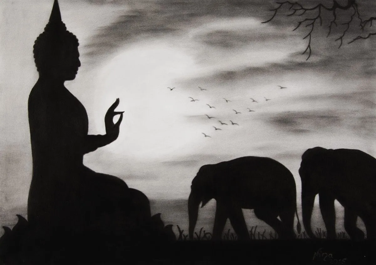 Bouddha et éléphants, œuvre de Nina (Nadine Pillet)